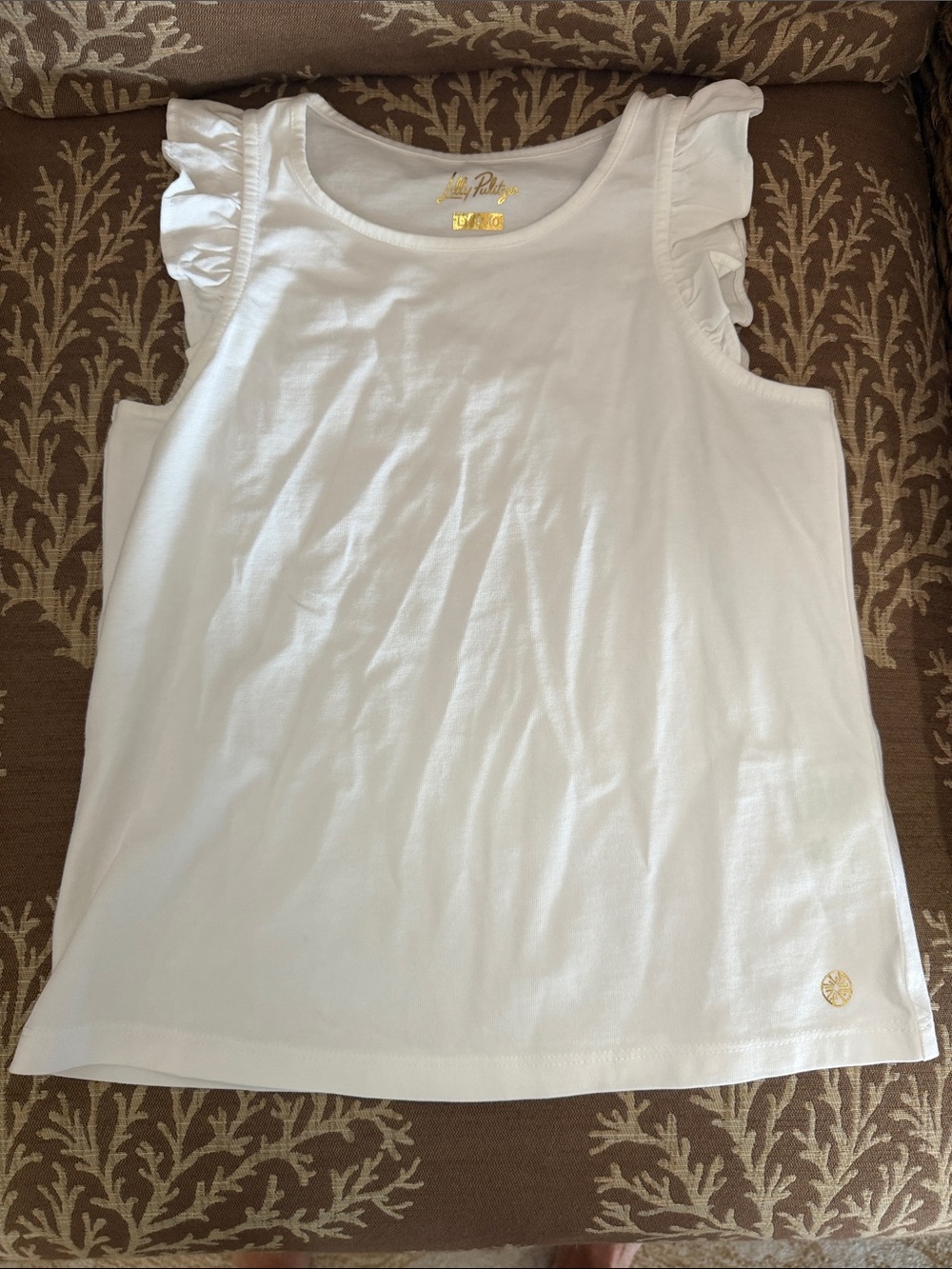 Lilly Pulitzer White Girls' Ruffle Sleeve Tank Top with Gold Logo